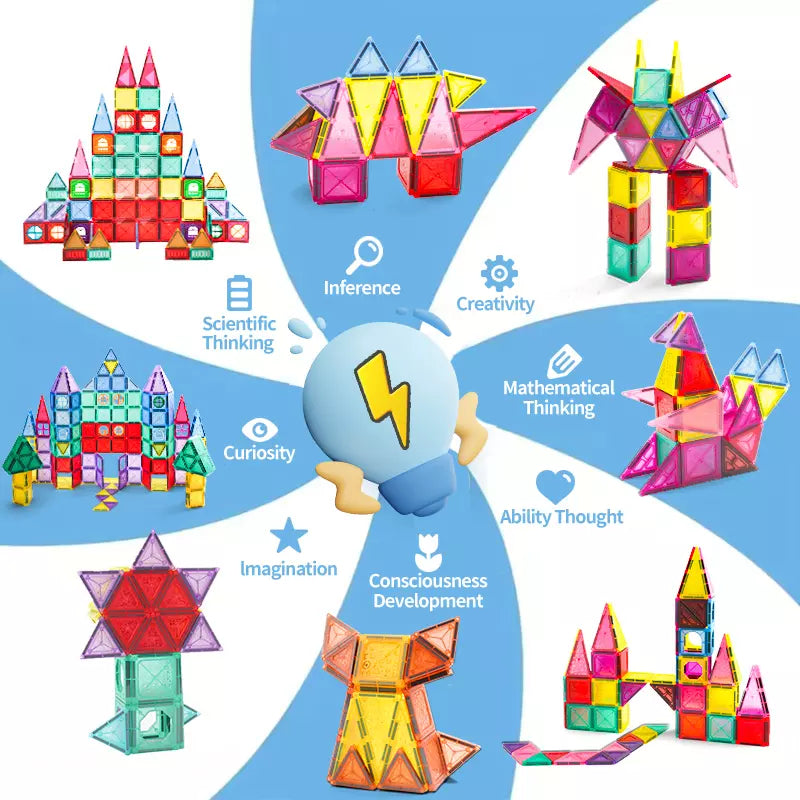 Magic Magnetic Blocks 92 Pieces Multi Coloured Tiles Castle 3D Stem Magna