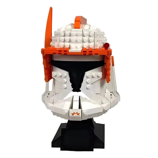 White and orange sci-fi commander helmet 766-piece brick-built display model – side view