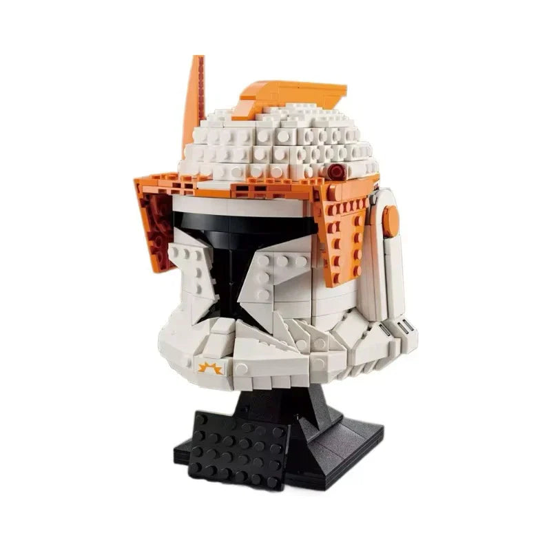 White and orange sci-fi commander helmet display model