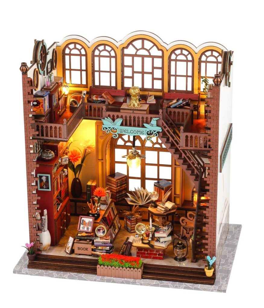 Magic Book House Book Nook DIY Miniature Library Kit with LED Lights & Furniture