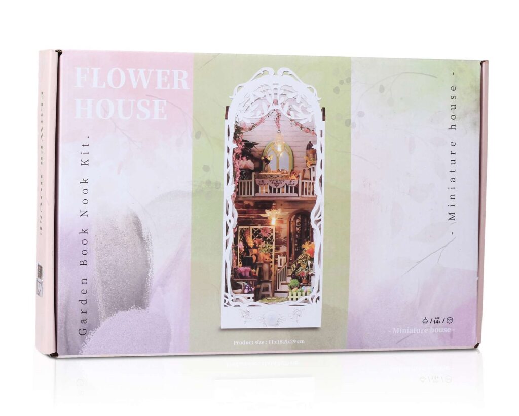 Flower House DIY Book Nook Kit – Wooden Miniature Garden Room with LED Lights