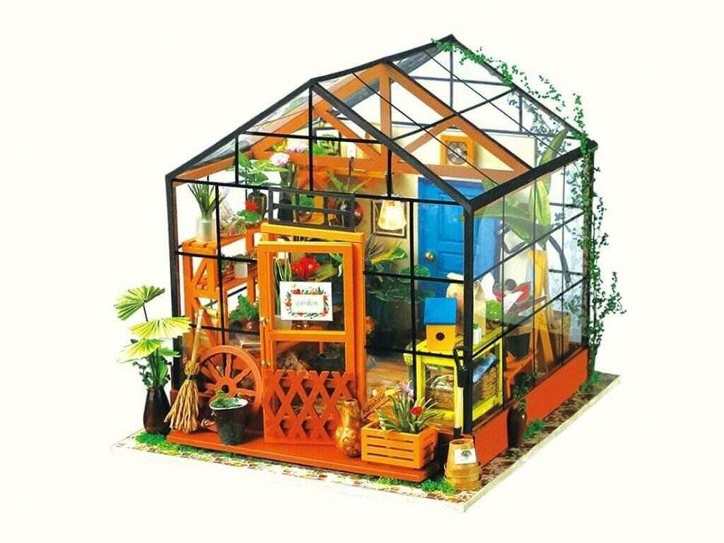 DIY Miniature Greenhouse “Cathy’s Flower House” Book Nook Kit with LED Lights & Plants