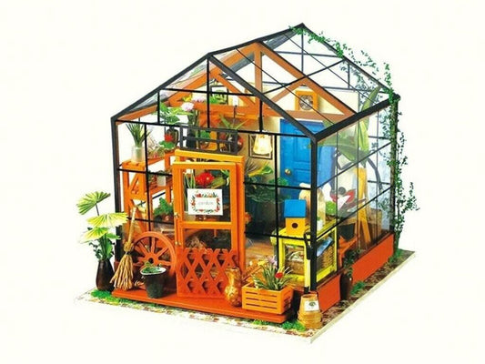 DIY Miniature Greenhouse “Cathy’s Flower House” Book Nook Kit with LED Lights & Plants