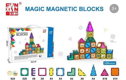 Magic Magnetic Blocks 110 Pieces STEM Multi Coloured Tiles 3D Puzzle Castle Magna