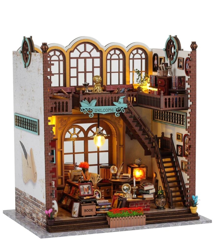 Magic Book House Book Nook DIY Miniature Library Kit with LED Lights & Furniture