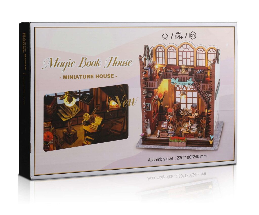 Magic Book House Book Nook DIY Miniature Library Kit with LED Lights & Furniture
