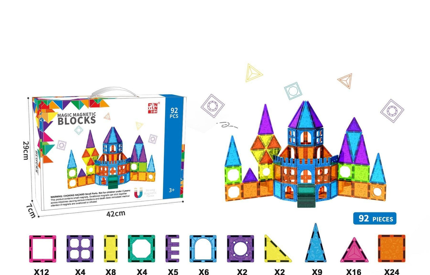 Magic Magnetic Blocks 92 Pieces Multi Coloured Tiles Castle 3D Stem Magna