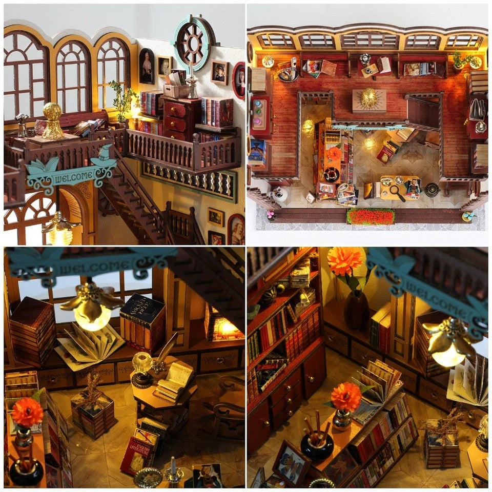 Magic Book House Book Nook DIY Miniature Library Kit with LED Lights & Furniture