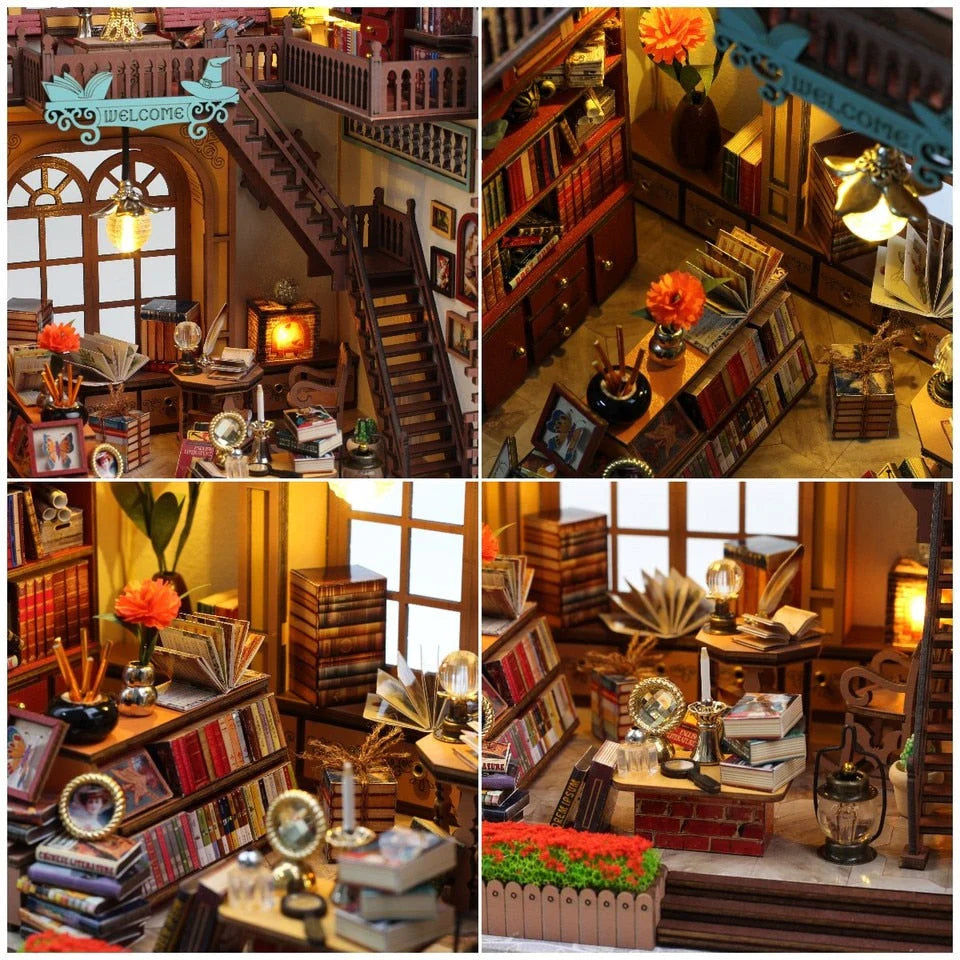 Magic Book House Book Nook DIY Miniature Library Kit with LED Lights & Furniture