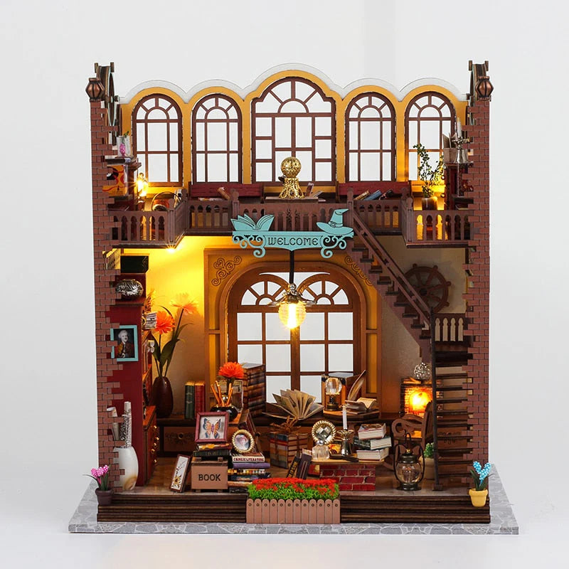 Magic Book House Book Nook DIY Miniature Library Kit with LED Lights & Furniture