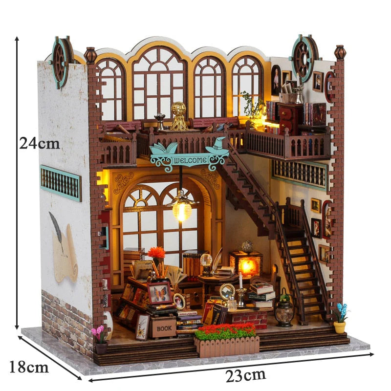 Magic Book House Book Nook DIY Miniature Library Kit with LED Lights & Furniture