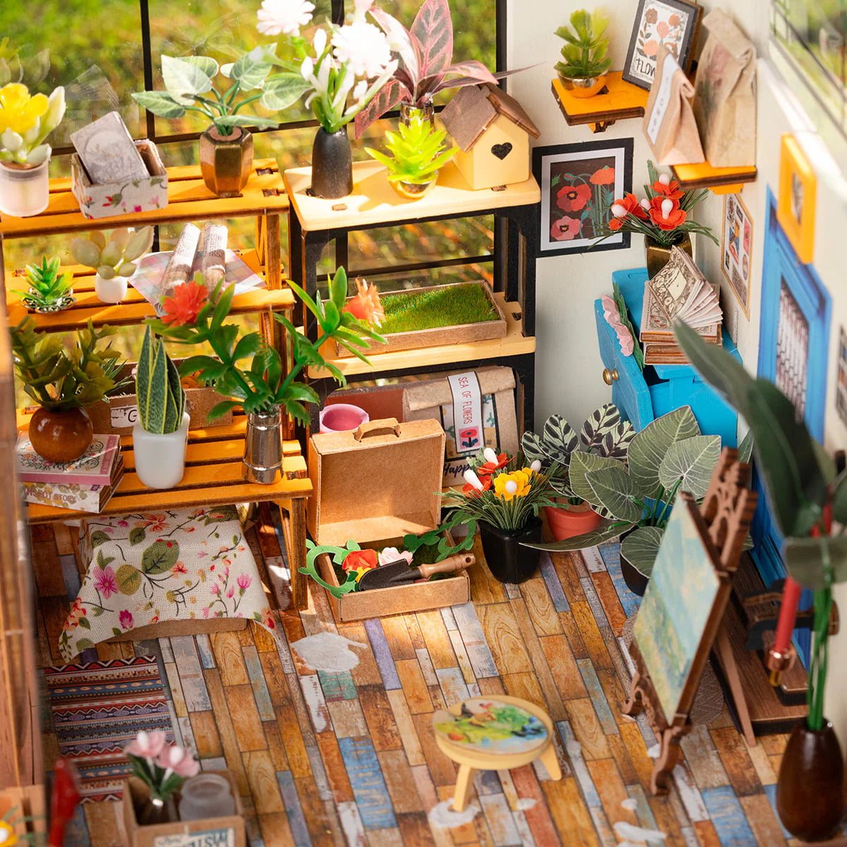 DIY Miniature Greenhouse “Cathy’s Flower House” Book Nook Kit with LED Lights & Plants