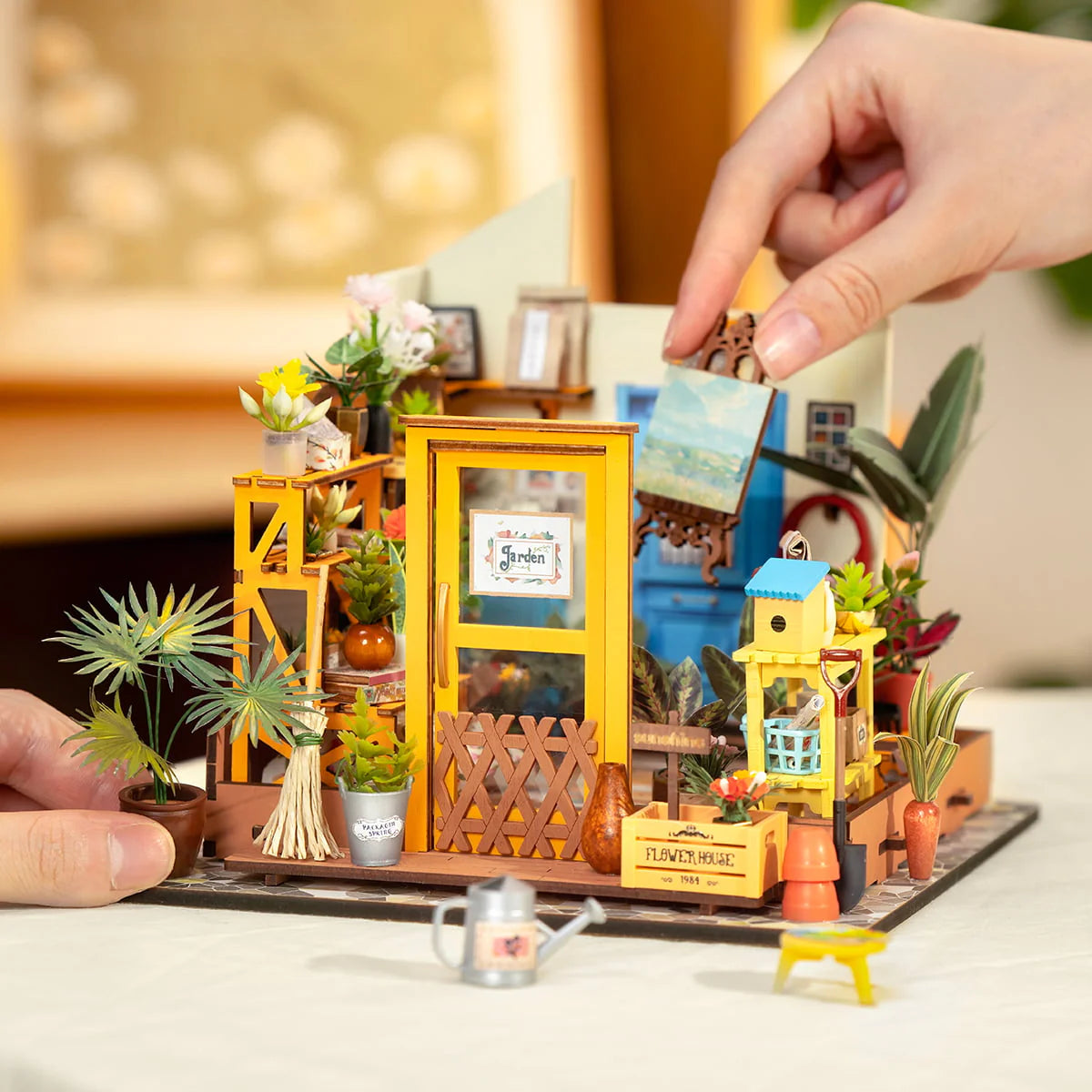 DIY Miniature Greenhouse “Cathy’s Flower House” Book Nook Kit with LED Lights & Plants