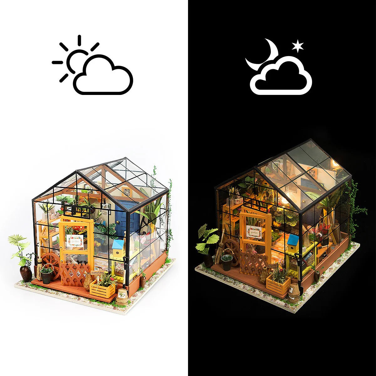 DIY Miniature Greenhouse “Cathy’s Flower House” Book Nook Kit with LED Lights & Plants