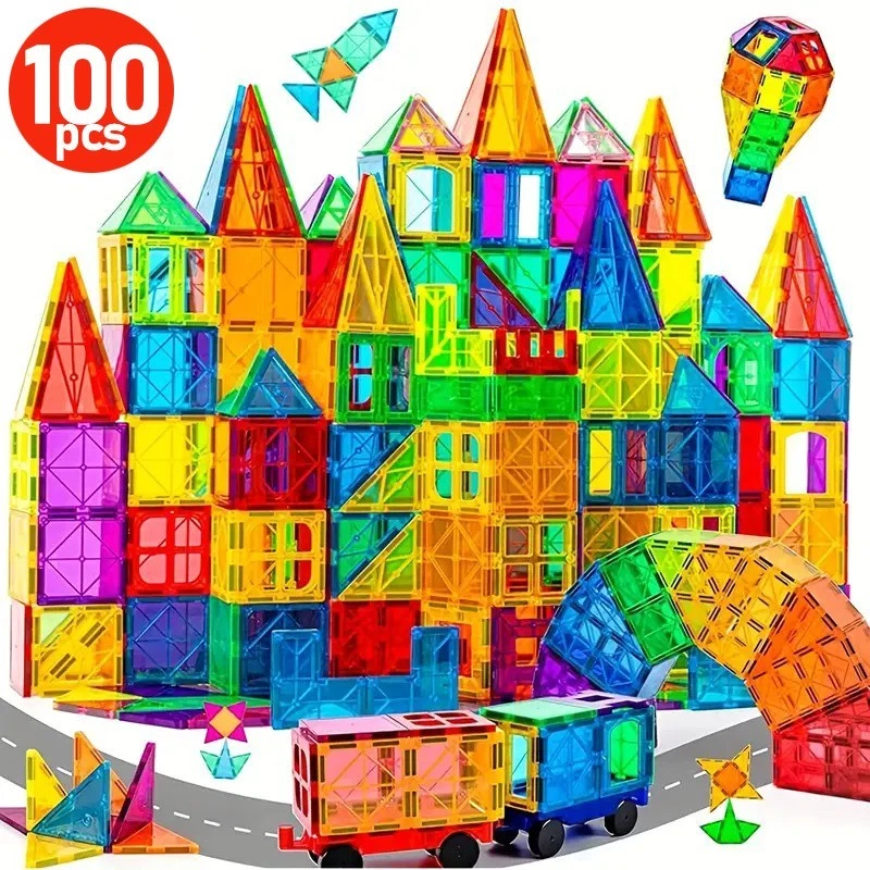 Diamond Pattern Magnetic Tiles Building Blocks 100pcs Kids Creative Tiles Set Gift