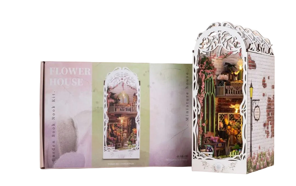 Flower House DIY Book Nook Kit – Wooden Miniature Garden Room with LED Lights