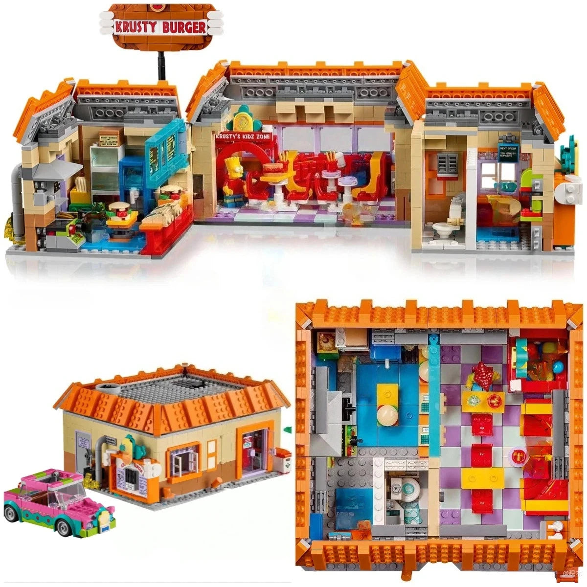 Simpsons Cartoon Burger Restaurant Building Set 1635pc 7 Figures Pink Car Boxed